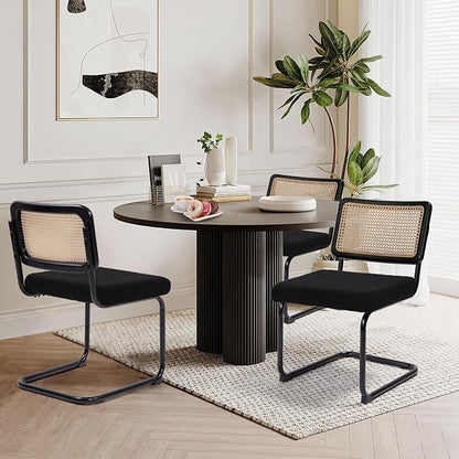 KROFEM Dining Chairs Set of 4,Modern Rattan Kitchen Chairs,Black | Mid Century Modern Design,Polished Chrome Frame,Upholstered Seat
