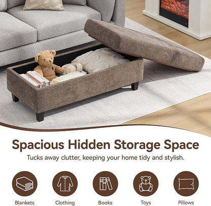 45 Inch Large Storage Ottoman Bench with Wooden Tray Coffee Table, Brown Chenille Upholstered Foot Rest, Multifunctional Foot Stool Ottoman for Living Room, Bedroom & Entryway, Solid Wood Legs