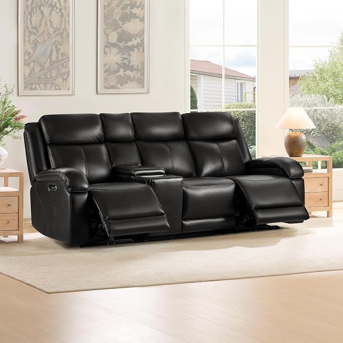 Watson & Whitely Genuine Leather Power Recliner Sofa, 3 Seater Wall Hugger Reclining Sofas with Storage Console, Power Headrest, USB, Electric Recliner Couch Set for Living Room, Black