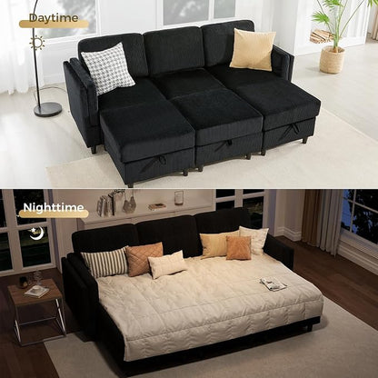 KKL Modular 6 Seater Sleeper Sofa Bed Sofa - 83 Inch Couch with Storage Ottoman, Convertible L/U-Shaped Sleeper Couch for Living Room, Modern Reversible Design, Black