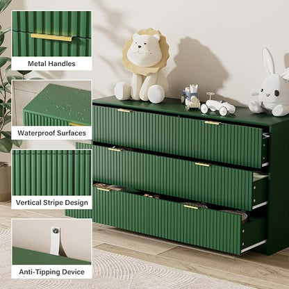 Furniway Green Dresser for Bedroom, Modern Dresser with 6 Drawers and Smooth Slides, Wide Chest of Drawers with Golden Handles for Bedroom, Living Room, Closet, 15.7" D x 55.1" W x 31.4" H