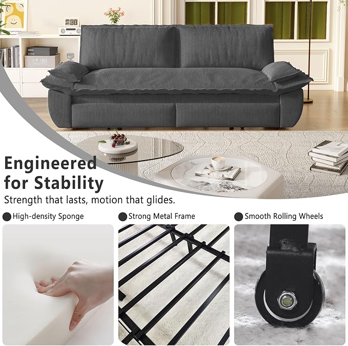 73.2" Sofa Bed Queen Size, Pull Out Couch Bed, 3-in-1 Convertible Sleeper Sofa with Cushion Armrest, Modern Corduroy Futon Couch for Living Room, Small Space, Apartment, Bedroom, Dark Grey