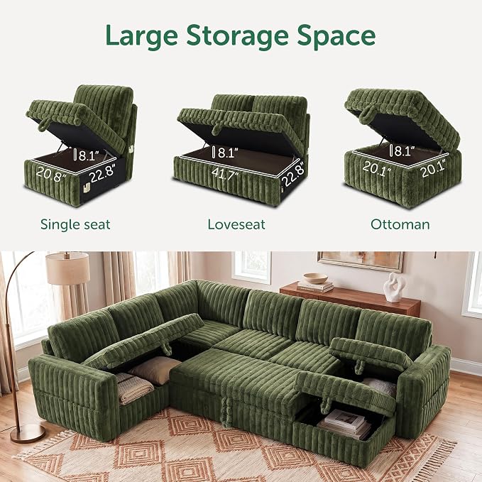 HONBAY Plush Corduroy Modular Sectional Sofa with Pull Out Bed, Convertible U Shaped Couch with Storage,Sleeper Sectional Couches for Living Room,Plush Green