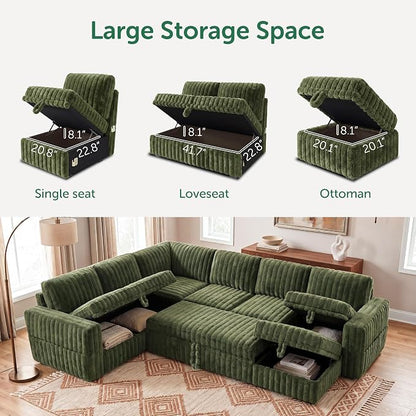 HONBAY Plush Corduroy Modular Sectional Sofa with Pull Out Bed, Convertible U Shaped Couch with Storage,Sleeper Sectional Couches for Living Room,Plush Green