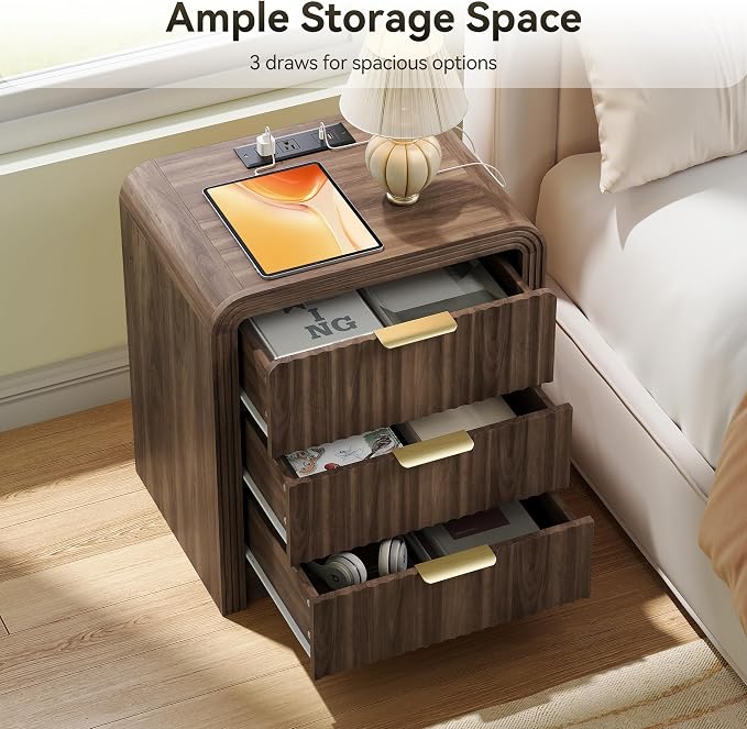 Decofy Fluted Nightstand with Charging Station, Modern Bedroom Side Table with Gold Handles, Curved Profile Design, End Table Wood Organizer for Bedroom, 19.7" & 3 Drawers (1 Pack, Walnut)