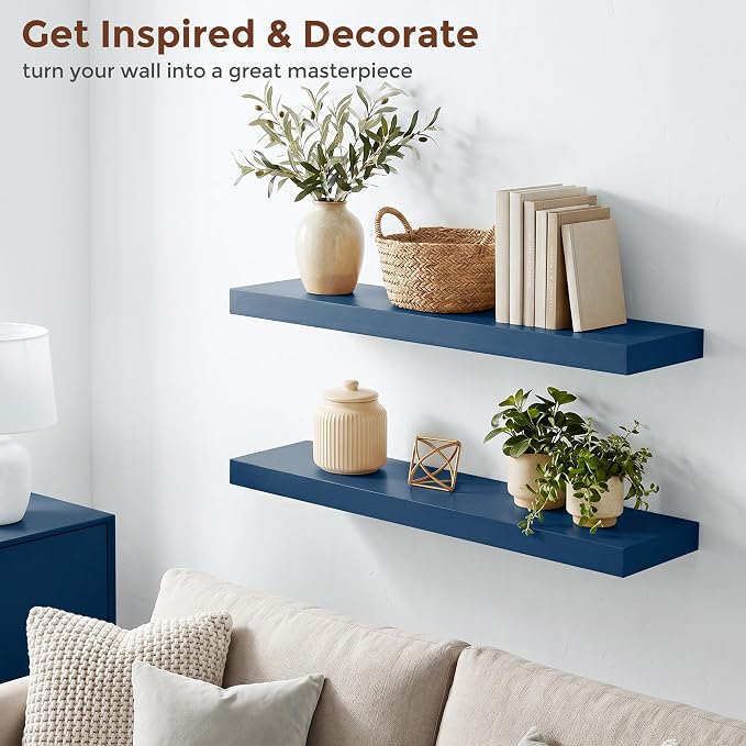fuqing Dark Blue Floating Shelves | 24 Inch Floating Shelves for Wall Set of 2 | 24" W x 6.7" D x 1.4" H Blue Shelves for Bathroom Living Room Bedroom Kitchen