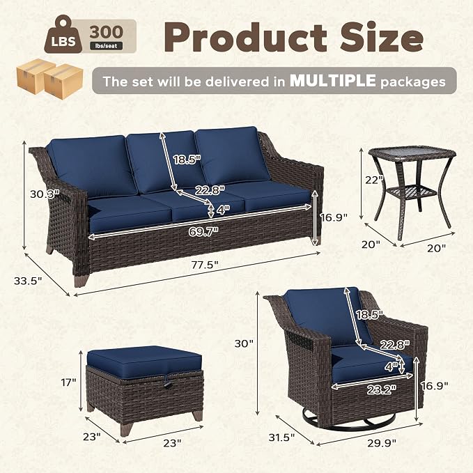 11 Pieces Patio Conversation Furniture Set - 1 Sofa, 4 Ottomans, 4 Swivel Chairs, 2 Side Tables, Outdoor Wicker Furniture with Removable Cushionsfor Porch, Balcony, Sunroom (Blue)