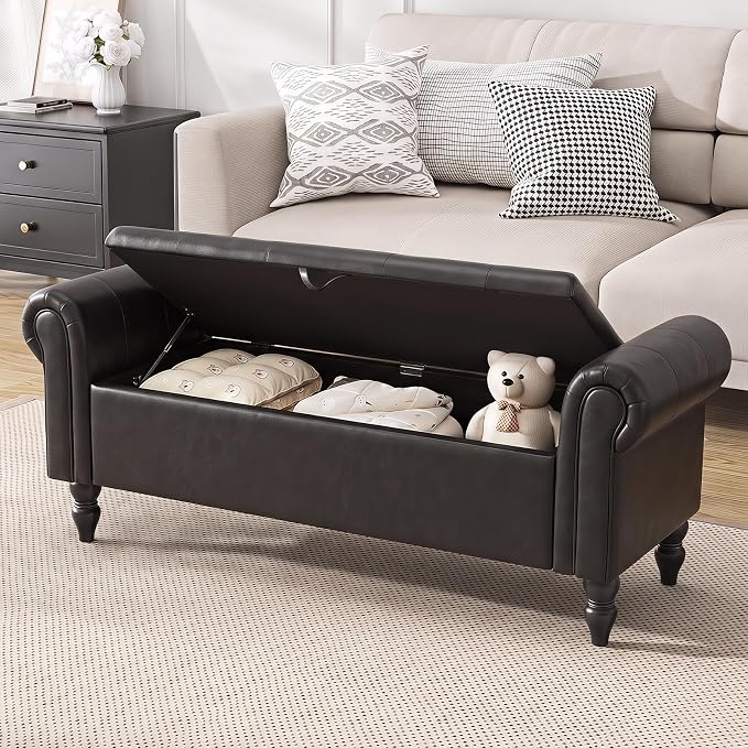 Furniliving 55” End of Bed Bench, Bedroom Bench with Button-Tufted, Large Upholstered Storage Ottoman Entryway Bench with Storage Shoe Cabinet Bench, for Bedroom, PU, Black