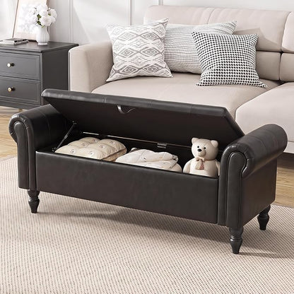 Furniliving 55” End of Bed Bench, Bedroom Bench with Button-Tufted, Large Upholstered Storage Ottoman Entryway Bench with Storage Shoe Cabinet Bench, for Bedroom, PU, Black