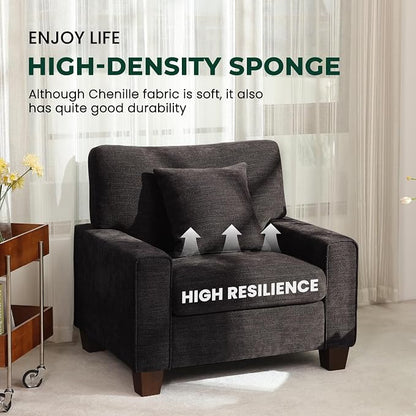 DOPEDIO Modern Living Room Sofa Set, 88.58" Chenille Loveseat with 2 Accent Chairs, Removable Covers, Spring Cushions, Solid Wood Frame, Easy Assembly（88.58inch+2 Single,Dark Grey）