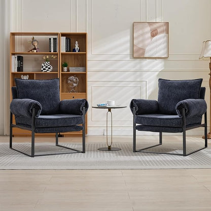YISHENG Accent Chair with 6-Angle Adjustable Backrest, Fabric Living Room Chair Upholstered Lounge Chair, Modern Chair Cozy Reclining Chair for Reading Room, Set of 2 Dark Blue