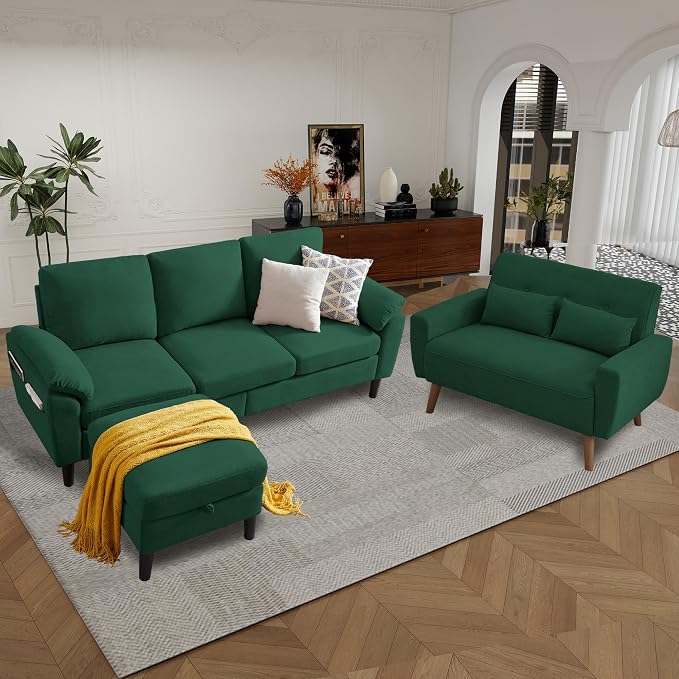 79" Convertible Sectional Sofa Set, Modern Linen Small L Shaped Couch with Reversible Ottoman and Loveseat, 3-Seat Sofa Couches for Living Room, Office, Apartment, Green