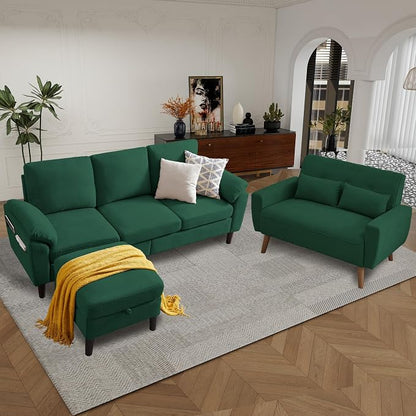 79" Convertible Sectional Sofa Set, Modern Linen Small L Shaped Couch with Reversible Ottoman and Loveseat, 3-Seat Sofa Couches for Living Room, Office, Apartment, Green