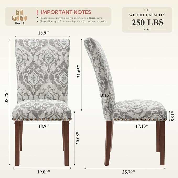 COLAMY Upholstered Parsons Dining Chairs Set of 6, Fabric Dining Room Kitchen Side Chair with Nailhead Trim and Wood Legs - Grey/White Flower