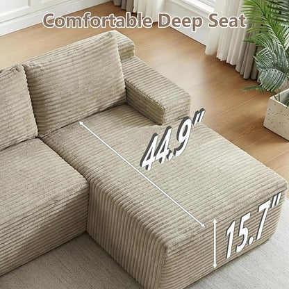 96" Cloud Sectional Couch U-Shaped Chaise with Ottoman, Corduroy Boneless Couch for Living Room Bedroom, Deep-Seat Upholstered Modular Cloud Sofa, No Assembly Required (Camel, Right Facing Chaise)