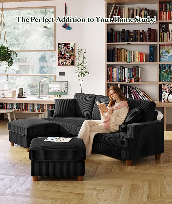 Welzona 87.2" Couches for Living Room, Comfy U Shaped Couch Black 7.5" Thicker Cushion, Sofas for Living Room Tool-Free Setup, Loveseat with Ottoman 848lbs Support, Corduroy Couch for Bedroom, Office