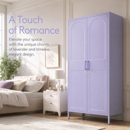 Metal Wardrobe with Lock 67"Clothing Steel Storage Cabinet Locker Hanging Rod And Adjustable Shelves 2 Doors Household kids wardrobe closet Lockers For Bedroom Home Purple Size:67"H X 31.5"W X 18.1"D