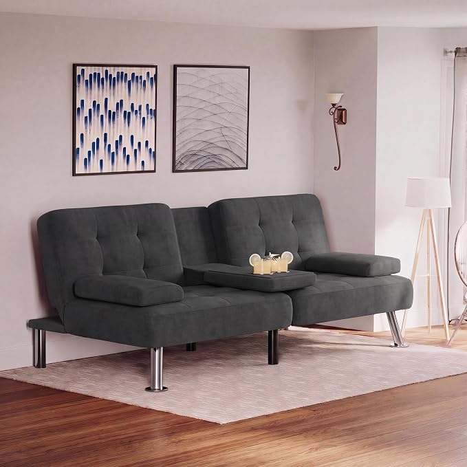 Flamaker Futon Sofa Bed Modern Folding Futon Set Linen Fabric Convertible Recliner Lounge for Living Room with 2 Cup Holders, Removable Armrests (Fabric, Carbon Black)