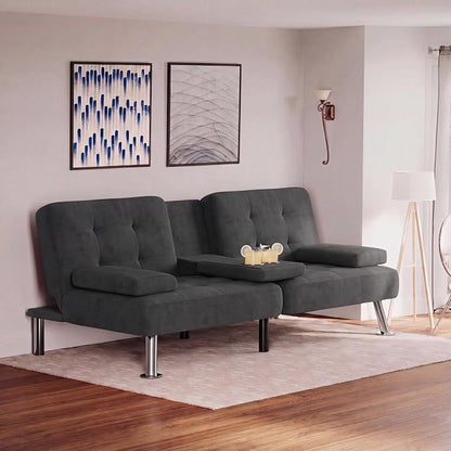 Flamaker Futon Sofa Bed Modern Folding Futon Set Linen Fabric Convertible Recliner Lounge for Living Room with 2 Cup Holders, Removable Armrests (Fabric, Carbon Black)