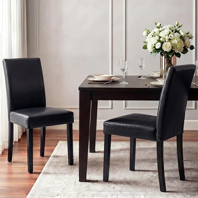 LSSBOUGHT Modern Dining Chair Set of 2 Urban Style PU Kicthen Chairs with Solid Wood Legs for Dining Room and Restaurant(Black)