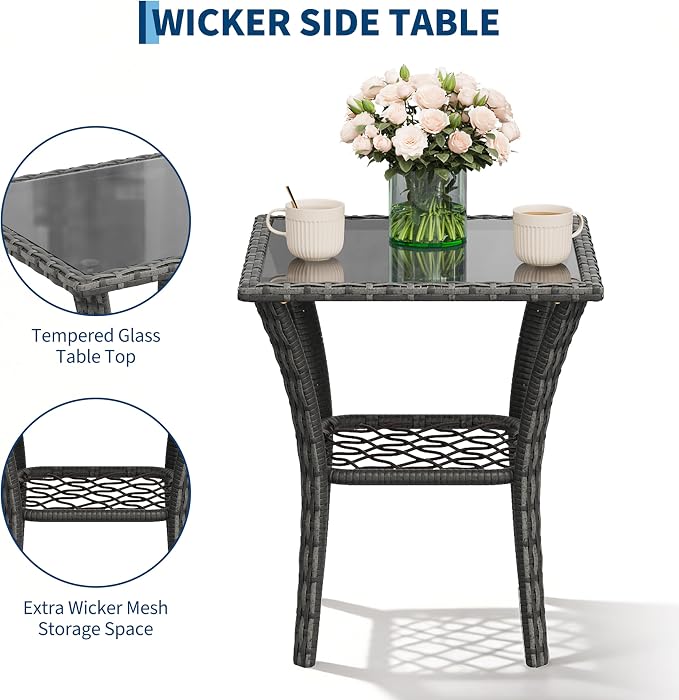 Garvee 3 Pieces Patio Furniture Set, Outdoor Swivel Glider Rocker Set w/Washable Cushion and Tempered Glass Tabletop, Conversation Furniture for Deck Porch Balcony Backyard Garden,Gray & Blue