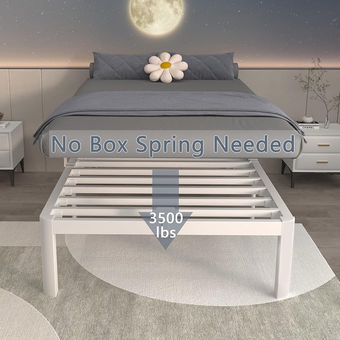 ITIMIDI 14 Inch Twin White Bed Frames, Metal Twin Platform Bed Frame with Round Corner Legs, Heavy Duty Steel Support 3500 LBS, Storage Space, No Box Spring Needed, Noise Free, Easy Assembly