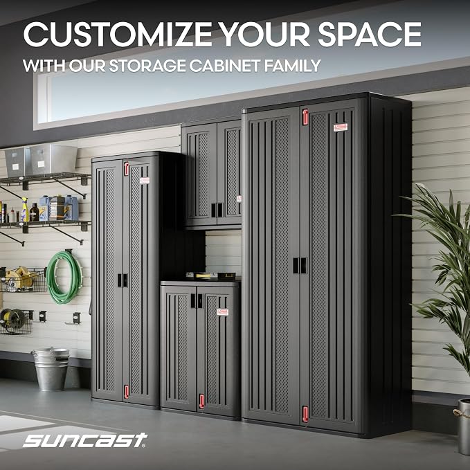 Suncast Heavy-Duty Resin Outdoor Storage Cabinet, 30" W x 20.25" D x 36" H Dark Grey Base Garage Storage Cabinet with Lockable Doors and Metal Reinforced Shelves, Made in the USA