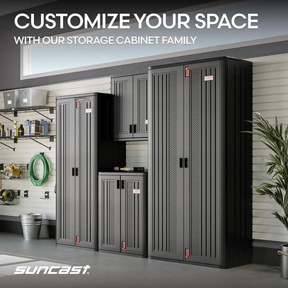 Suncast Heavy-Duty Resin Outdoor Storage Cabinet, 30" W x 20.25" D x 36" H Dark Grey Base Garage Storage Cabinet with Lockable Doors and Metal Reinforced Shelves, Made in the USA
