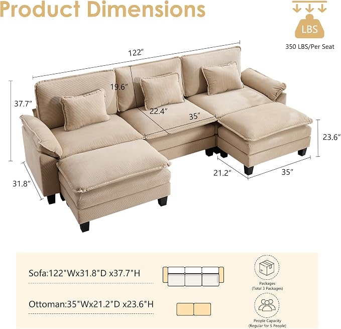122" Corduroy Modular Sectional Sofa, Convertible U Shaped Modular Sofa Comfy Cloud Couch with Ottoman, Side Pockets and 3 Throw Pillows for Living Room, Kahki, 5 Seats