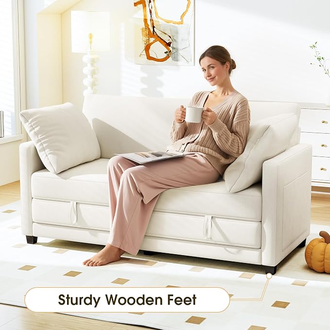 Myroyalsit 65" Convertible Loveseat Sofa Bed, 2-in-1 Folding Sofa Bed with 2 Pillow for Small Spaces, Modern Loveseat Sleeper Couch for Apartment, Living Room & Guest Room (Beige Chenille, 65 inch)