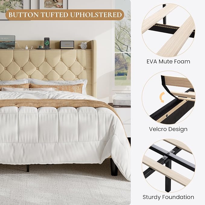 SHA CERLIN Queen Size Platform Bed Frame with Charging Station, Linen Wingback Headboard with Storage Shelf, Wooden Slats Support, Ample Under-Bed Space, No Box Spring Needed, Easy Assembly, Beige