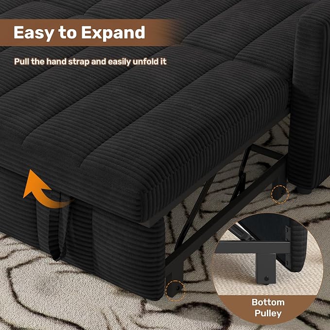 Nebuaegis Sleeper Sofa Bed,3-in-1 Convertible Pull Out Couch with Adjustable Backrest for Living Room,Loveseat Sofa Bed with Side Pockets,Easy Assembly,Black,1 PCS