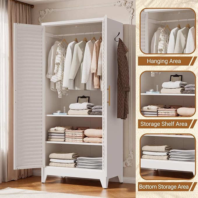 Metal Armoire Wardrobe Closet with 2 Doors, 71" Tall Clothes Cabinet with Adjustable Hanging Rod and 2 Shelves,White Steel Storage Locker Cabinets for Bedroom,Bathroom Employees,Gym,Garage