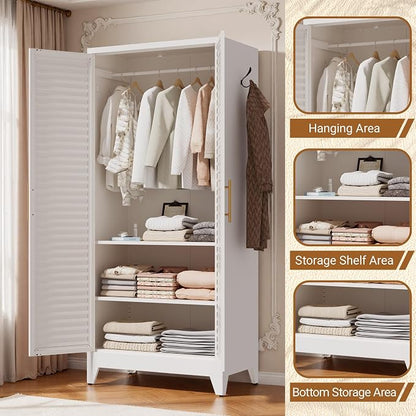Metal Armoire Wardrobe Closet with 2 Doors, 71" Tall Clothes Cabinet with Adjustable Hanging Rod and 2 Shelves,White Steel Storage Locker Cabinets for Bedroom,Bathroom Employees,Gym,Garage