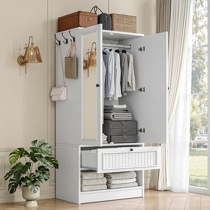 Feonase Armoire Wardrobe Cabinet with Mirror and Drawer, 70" 2-Door Wooden Closet Organizer for Bedroom Storage, White