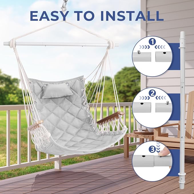 Hammock Chair Hanging Swing with Wooden Armrest;Steel Spreader Bar,Pillows,Hardware kit Included;Cotton Woven Fabric;Up to 350 Lbs,for Indoor Light Grey