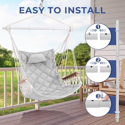 Hammock Chair Hanging Swing with Wooden Armrest;Steel Spreader Bar,Pillows,Hardware kit Included;Cotton Woven Fabric;Up to 350 Lbs,for Indoor Light Grey