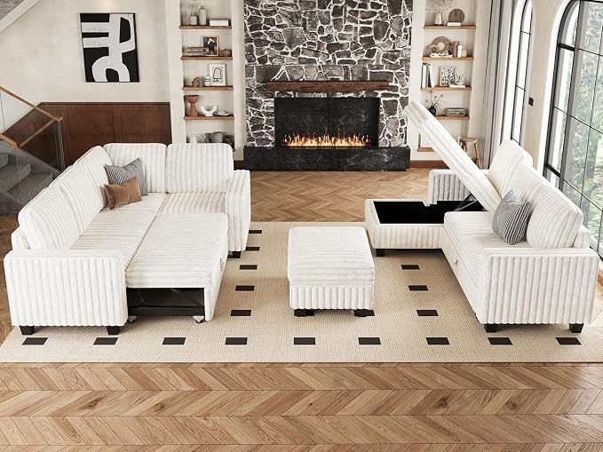 Belffin Corduroy Fabric Ottoman with Storage Ottoman for Modular Sectional Couch Beige Couch