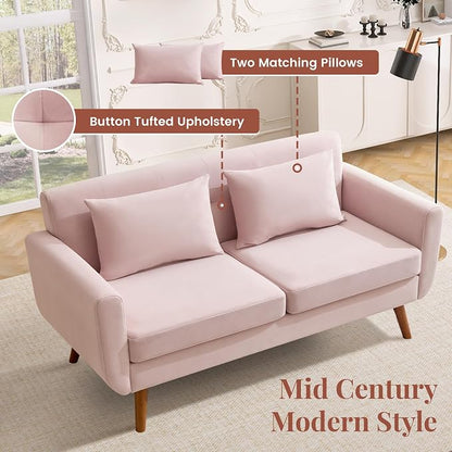 Tbfit 65" W Loveseat Sofa, Velvet Mid Century Modern Love Seat Couches for Living Room, Button Tufted Upholstered Small Couch for Bedroom, Solid and Easy to Install Love Seats Furniture, Pink