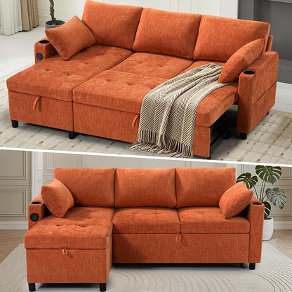 84" L-Shape Pull Out Sofa with 2 Storage Chaise, Orange | Chenille Sectional Sleeper Sofa w/Adjustable Backrest, Upholstered Reversible Couch Bed w/USB Port for Living Room, House