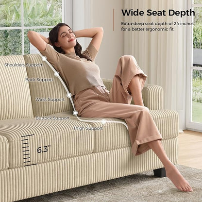 COPIAE 89 Inch Sofa with Extra Deep Seats Oversize, 3 Seater Sofa for Living Room, Modern Couch and Sofa, Comfy Armrests and Seats and Backrests, Easy Installation,Wide Corduroy Fabric Beige