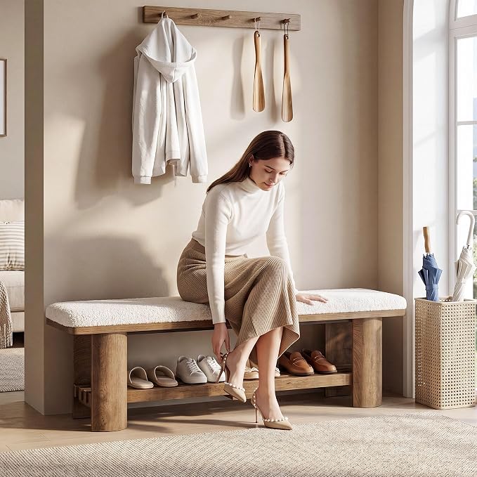 Tribesigns Entryway Bench with Storage, 62.9-Inch Wooden Upholstered Shoe Bench with Faux Lamb Wool Cushion and Shoe Rack for Living Room Hallway