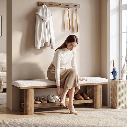 Tribesigns Entryway Bench with Storage, 62.9-Inch Wooden Upholstered Shoe Bench with Faux Lamb Wool Cushion and Shoe Rack for Living Room Hallway
