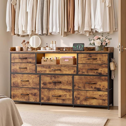 Bepatio LED Dresser for Bedroom with 11 Drawers,Power Strip,4 Hooks,Brown | Stylish Dressers & Chests of Drawers with 2 Wood Storage Shelves, TV Stand for 50/55/60 Inch TVs, Sturdy Metal Frame