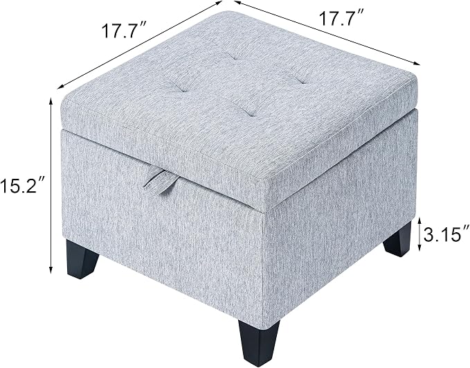 Adeco 18-inch Linen Storage Ottoman for Living Room & Bedroom, Upholstered Footrest Stool and Extra Seat with Safety Hinge Lid, Solid Wood Legs, Ice Grey
