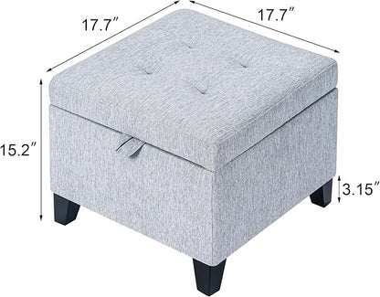 Adeco 18-inch Linen Storage Ottoman for Living Room & Bedroom, Upholstered Footrest Stool and Extra Seat with Safety Hinge Lid, Solid Wood Legs, Ice Grey