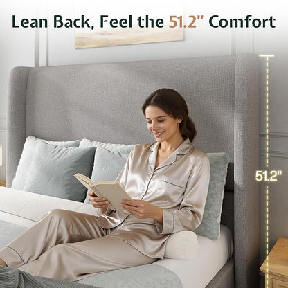 Jocisland Queen Size Bed Frame 51.2" Wingback Headboard Linen Upholstered Platform Bed,Solid Wood Legs & Wooden Slats,No Box Spring Needed,Noise-Free,for Family Guest Room Cozy Home,Light Grey