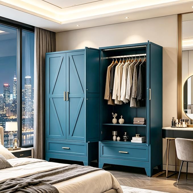 71" H Blue Closet,Armoire Wardrobe Closet,Metal Wardrobe Closet with Doors and Shelves,Large Wardrobe Closet for Bedroom