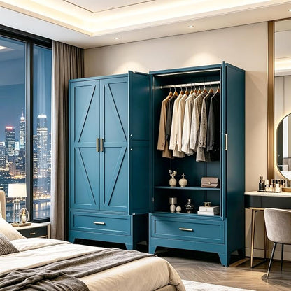 71" H Blue Closet,Armoire Wardrobe Closet,Metal Wardrobe Closet with Doors and Shelves,Large Wardrobe Closet for Bedroom