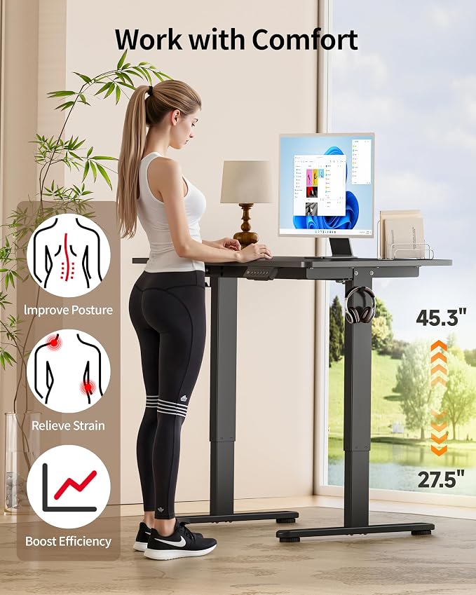 Okin Standing Desk Electric Adjustable Computer Whole Piece Stand up Desk with Wheels Office Gaming Home Office Memory Desks 48x24 inches Black
